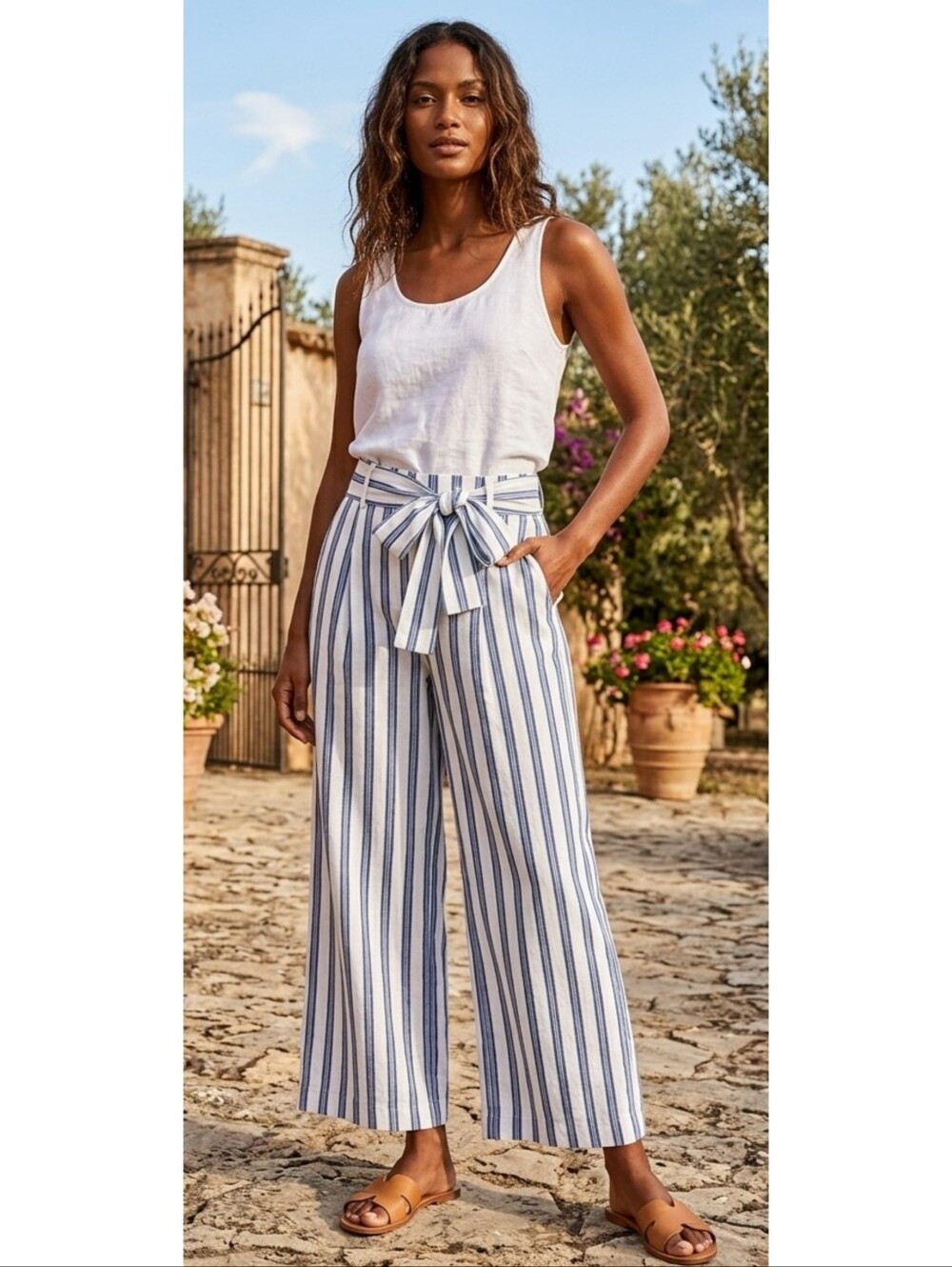 Halogen Izzy Cropped Wide Leg Pants Blue Stripe On White Size 1